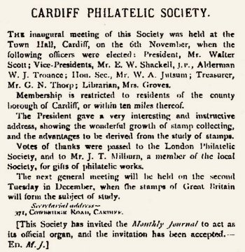 Report of Cardiff Philatelic Society inaugural meetngStanley Gibbons Monthly Journal 30th November 1899
